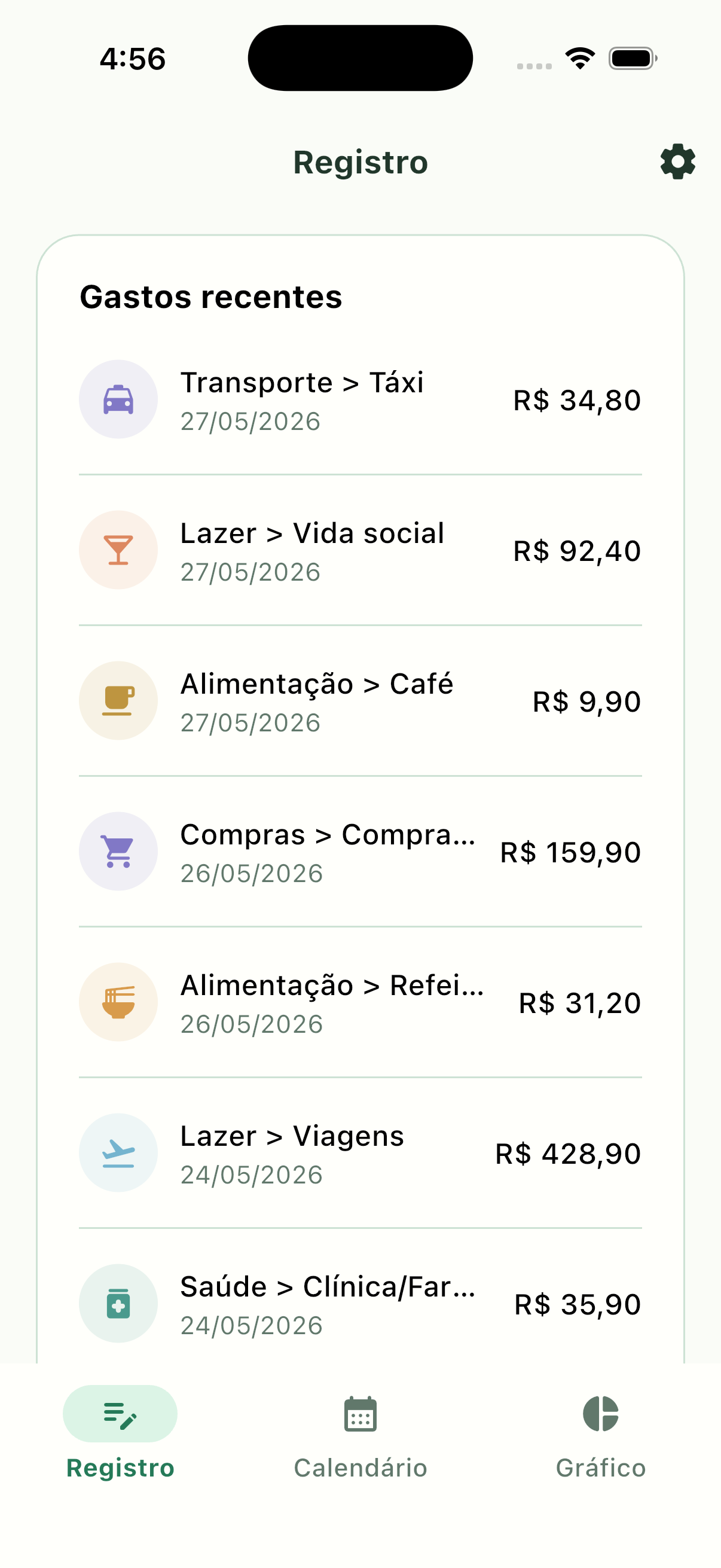 Tela de categorias do Pennymint