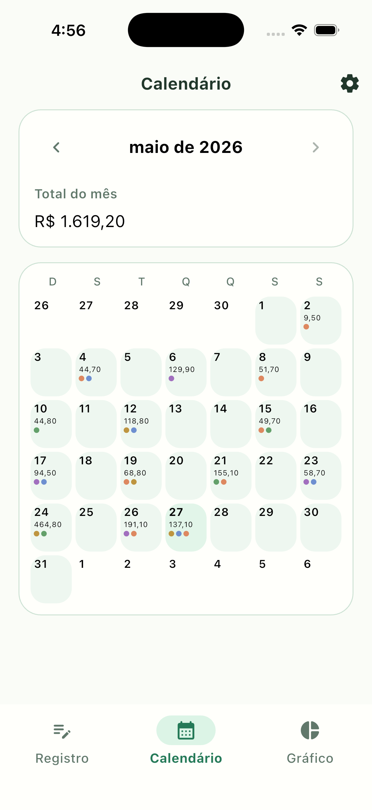 Tela de calendário mensal do Pennymint
