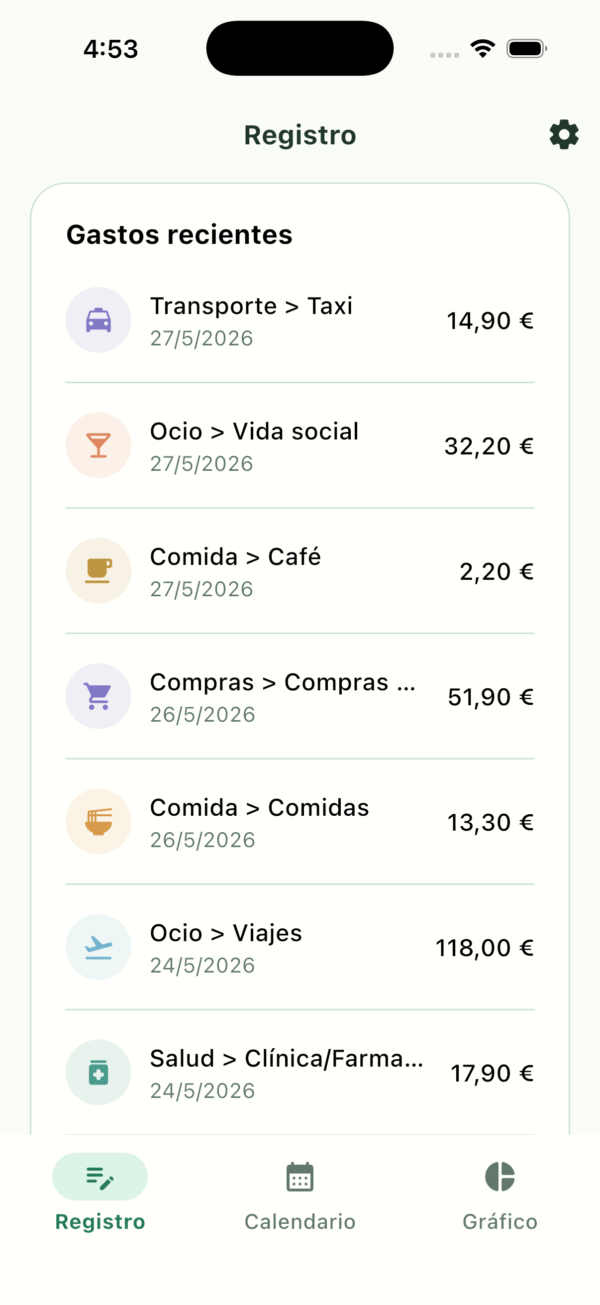 Pantalla de categorías de Pennymint