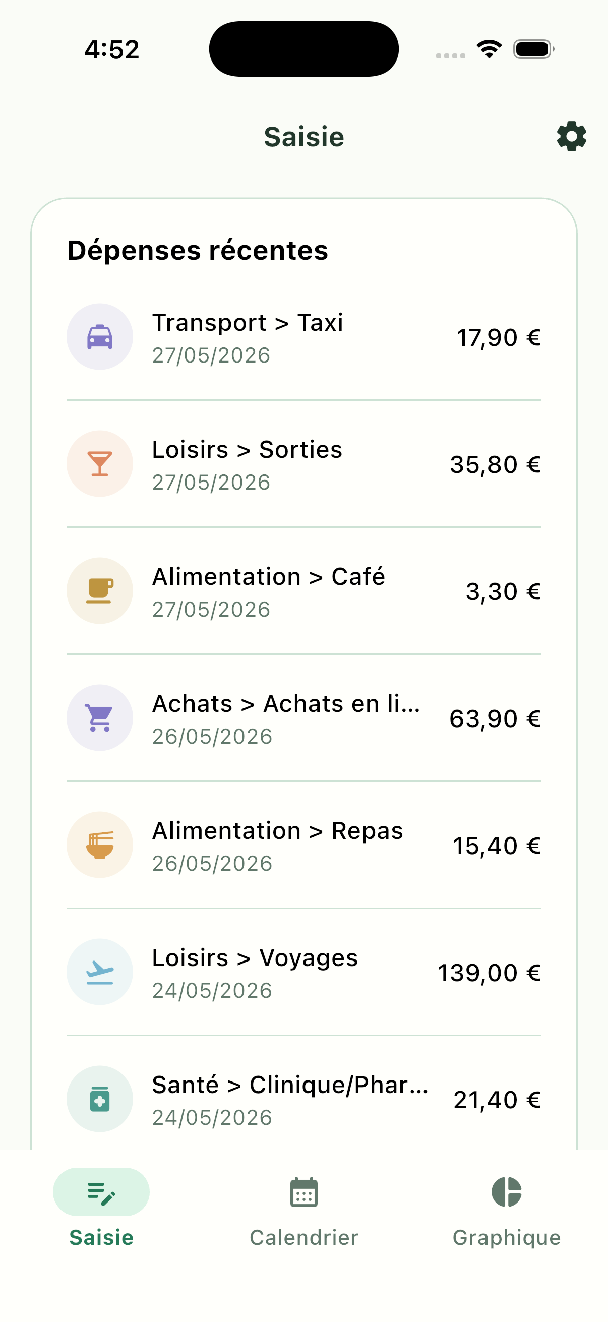 Écran de gestion des catégories Pennymint