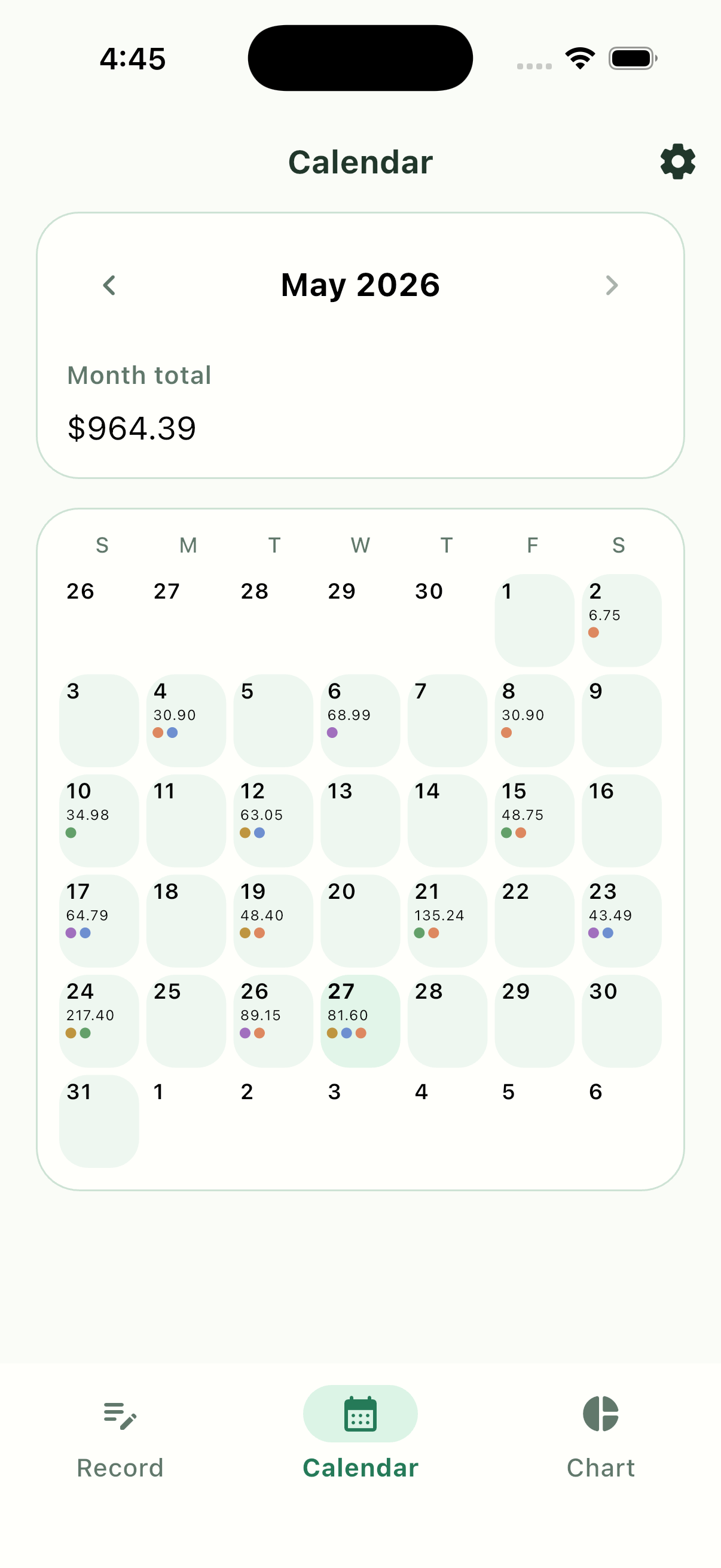 Pennymint monthly calendar history screen